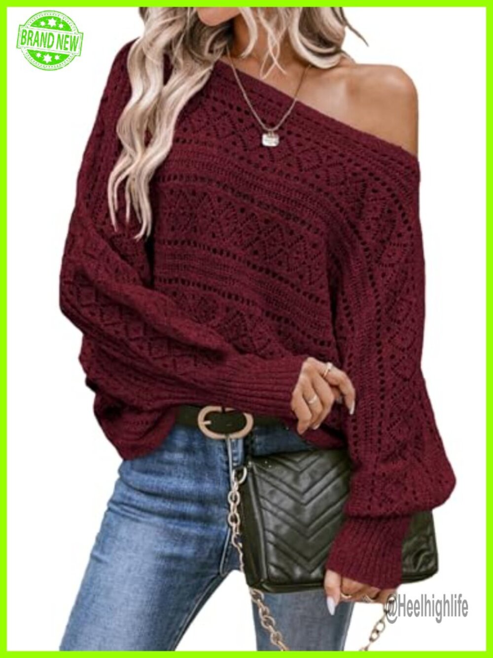Womens Crochet Boat Neck Long Batwing Sleeve Loose Sweater Pullover